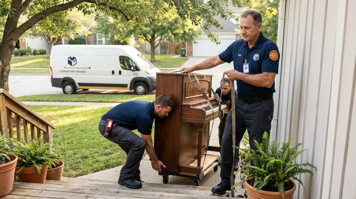 Licensed piano movers securing grand piano in Forest Lake, MN
