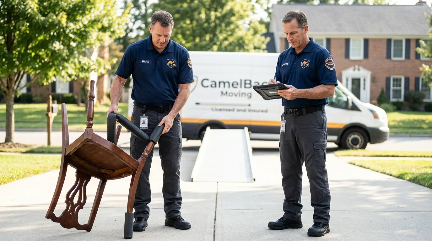 Movers inspecting furniture for damage prevention before loading in Forest Lake, MN