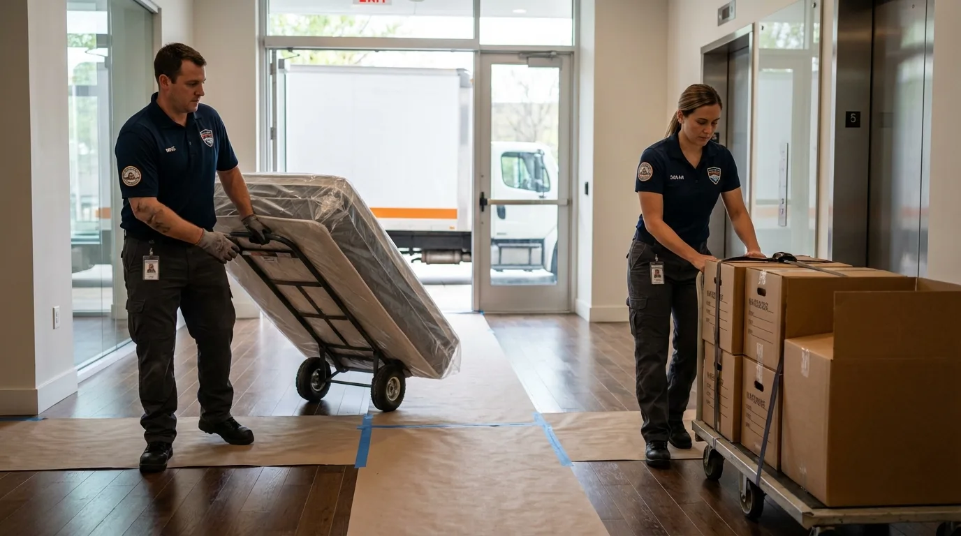 Professional apartment movers loading elevator in Forest Lake, MN